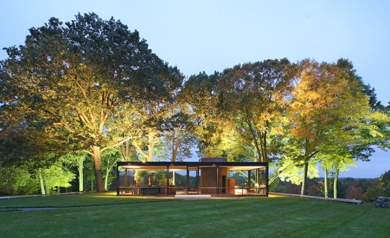 Glass House Lit Up at Night