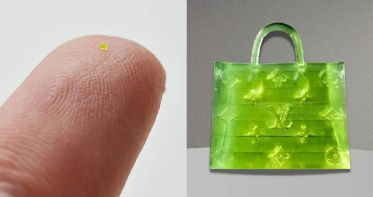 A microscopic, knockoff Louis Vuitton handbag smaller than a grain