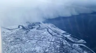 Aerial view of Buffalo blizzard rolling in.