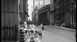 Six Unidentified Little Girls Seated On A Wall Street Stoop, New York City, August 18, 1904.