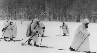 Finnish troops with gas while on skis