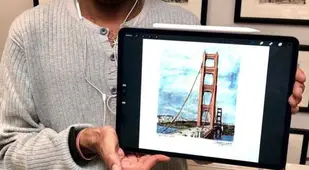 Stephen Wiltshire With His Drawing Of The Golden Gate Bridge