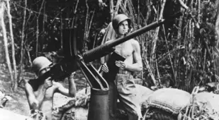 American Marines With Japanese Machine Gun At Guadalcanal