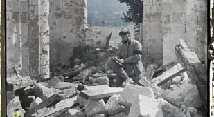 Soldier Writing In Rubble