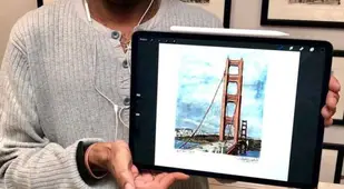 Stephen Wiltshire With His Drawing Of The Golden Gate Bridge