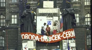 Czechoslovakians Hold Flags Against Approaching Russians