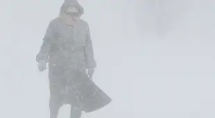 A lone resident of Buffalo braves the storm.