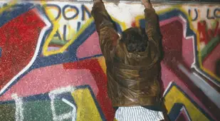 Civilian Hangs On Fallen Berlin Wall