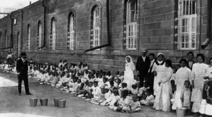 Refugee Line On Street