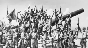 Japanese Soldiers On Captured American Gun