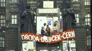 Czechoslovakians Hold Flags Against Approaching Russians