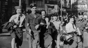 Waafs Link Arms During Vj Day