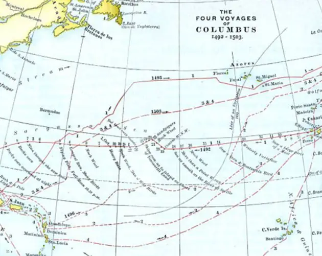 Map Of Columbus' Four Voyages