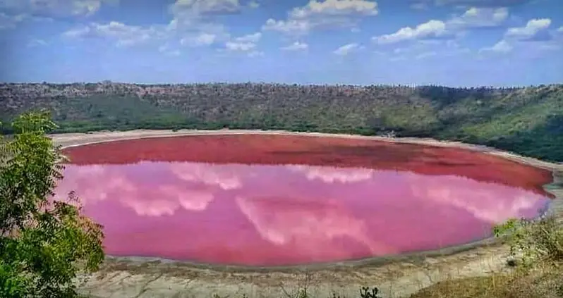 India’s Lonar Lake Mysteriously Went From Deep Green To Reddish Pink Overnight