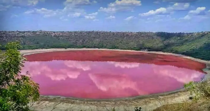 India’s Lonar Lake Mysteriously Went From Deep Green To Reddish Pink Overnight