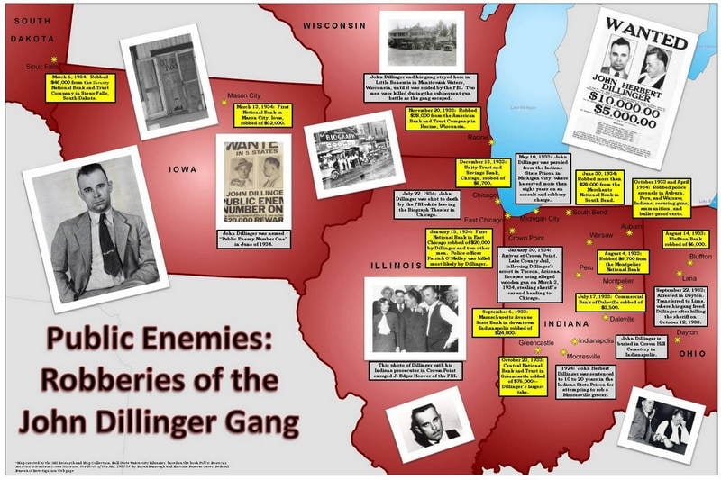 Map Of Dillinger Gang Robberies
