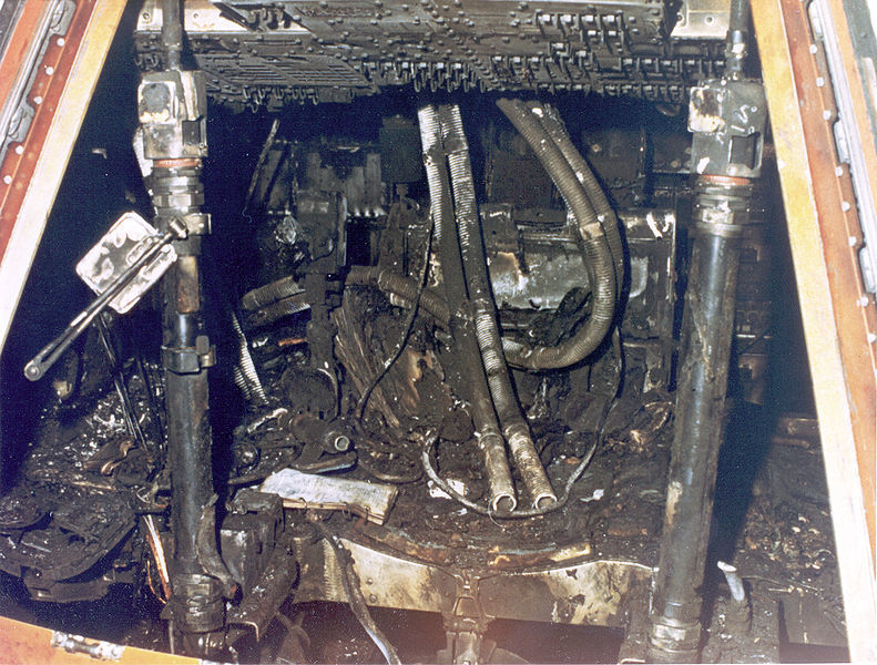 Apollo 1 capsule destroyed by fire. All three crewmen killed.