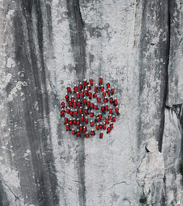 Climbers circle on Matterhorn cliff.