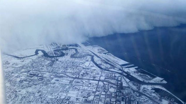 Aerial view of Buffalo blizzard rolling in.