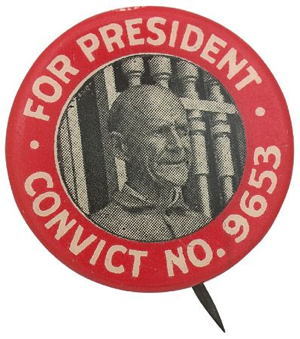 A pin from Eugene Debs' 1920 presidential campaign. Debs was arrested on June 30, 1918 for an anti-war speech he gave in Canton, Ohio, two weeks prior. Even though he ran for president from the confines of his prison cell, Debs received one million votes. You can read the speech here.