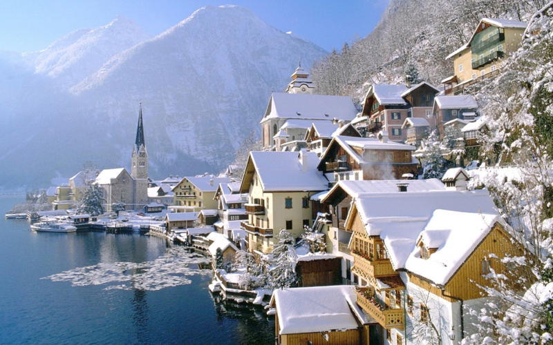 Hallstatt Water Snow Houses