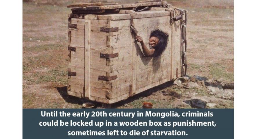Wooden box used for punishment in Mongolia