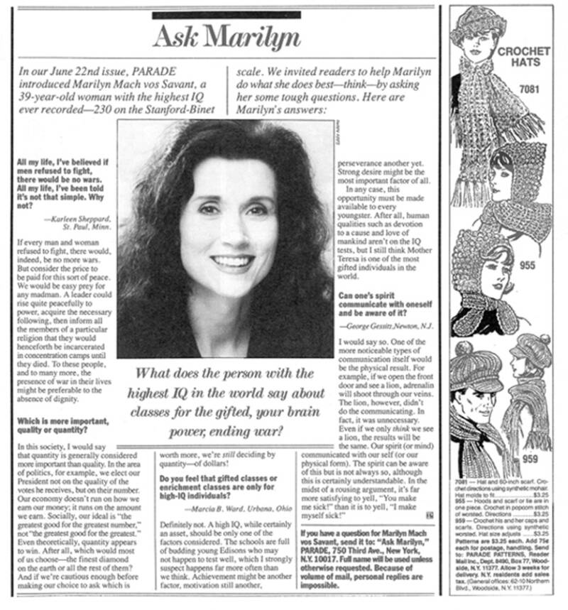 TIL Marilyn vos Savant, who has the highest IQ ever recorded, was