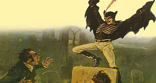 TIL about Spring-heeled Jack, a figure of Victorian urban legend. He was  known for making extraordinary leaps, having a devil-like appearance with  clawed hands and eyes of fire, breathing blue flame and