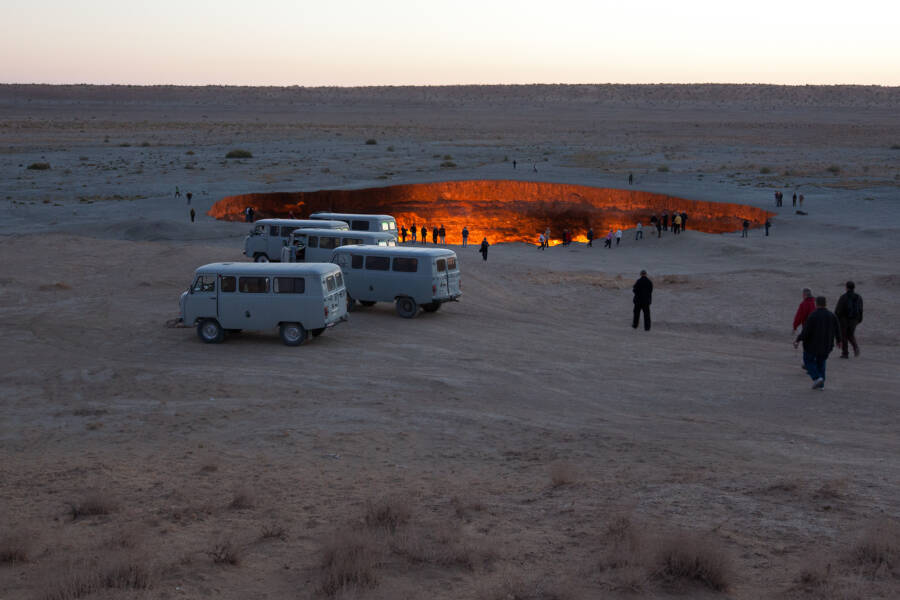 Busses At Darvaza Gas Crater