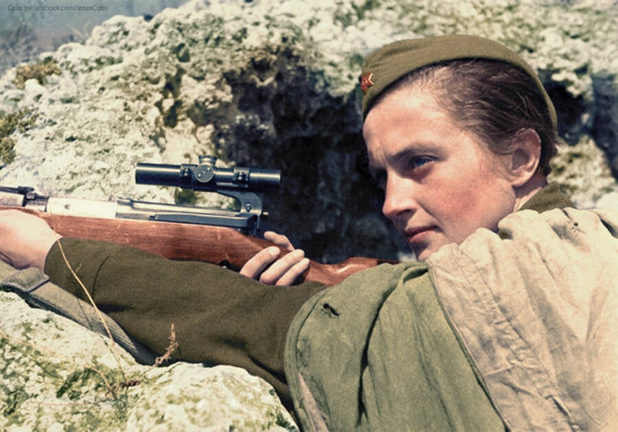 Female Soviet Sniper In Trench