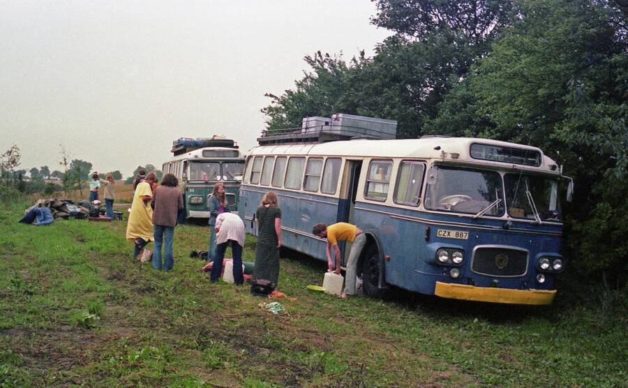 Hippies Boarding Buses