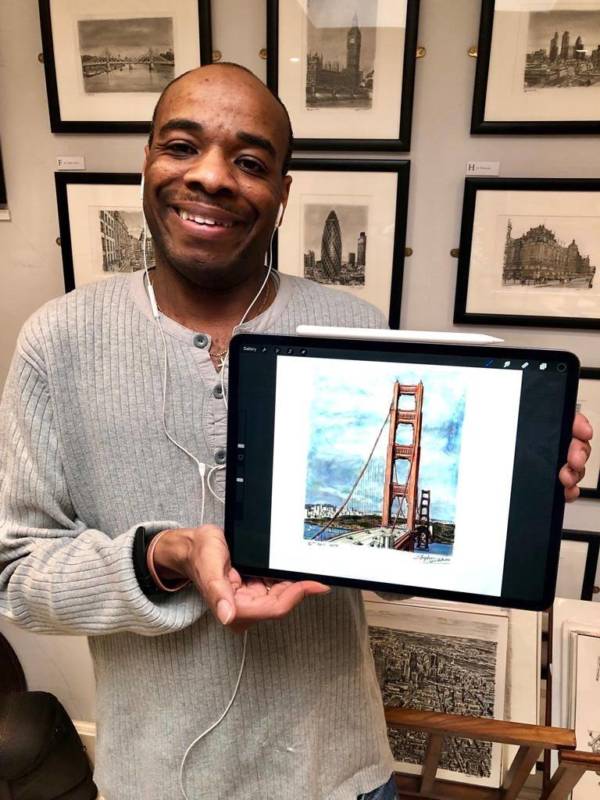 Stephen Wiltshire With His Drawing Of The Golden Gate Bridge