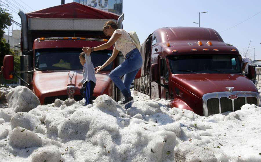 Kid Mom Walking Hail