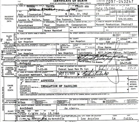 Bobby Fuller's Death Certificate