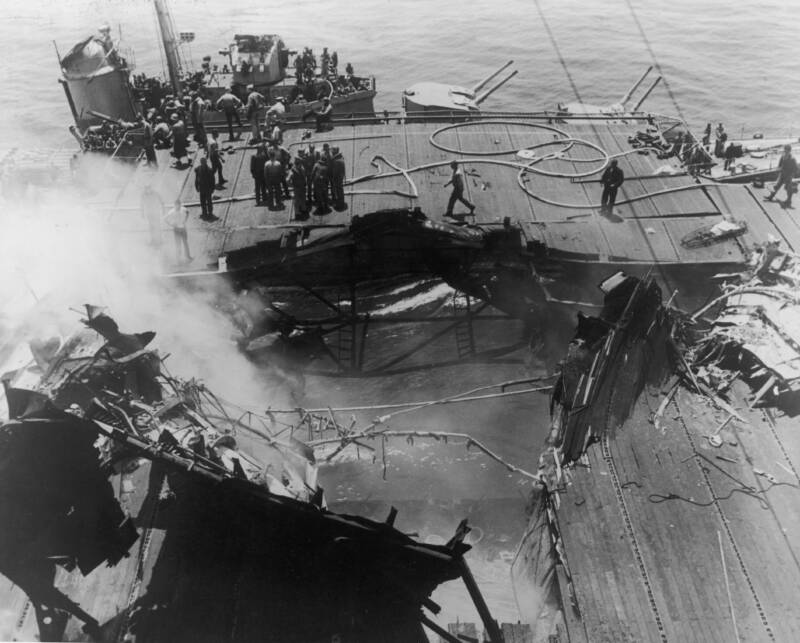 USS Bunker Hill after being hit with Kamikaze Planes at Okinawa