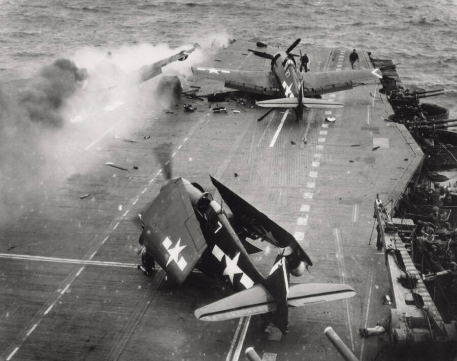 USS Bunker Hill after being hit with Kamikaze Planes at Okinawa