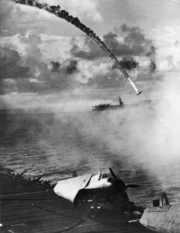 USS Bunker Hill after being hit with Kamikaze Planes at Okinawa