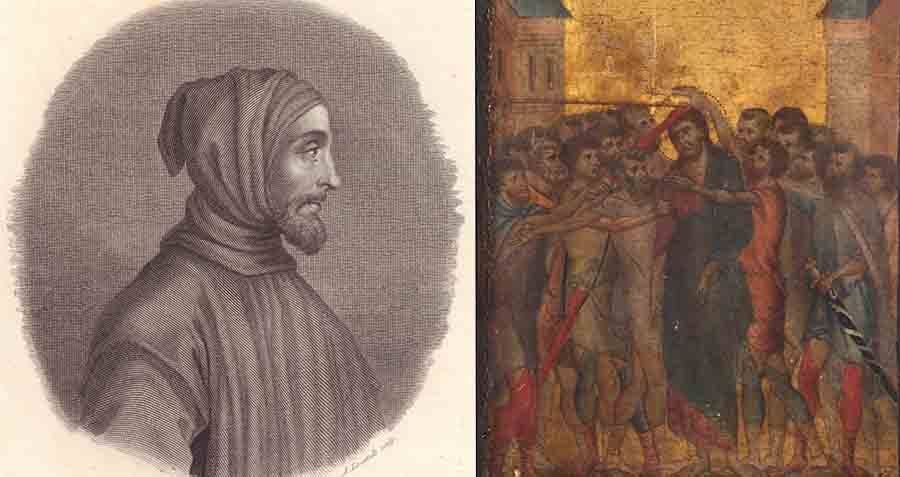  Left: A black and white portrait of Cimabue. Right: A painting of The Mocking of Christ attributed to Cimabue.