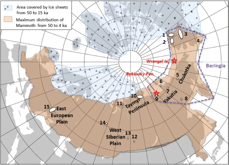 Mapa de restos de mamute da ilha Wrangel