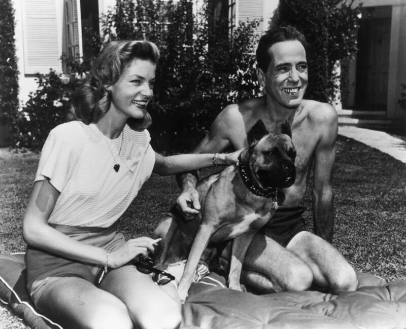 Lauren Bacall And Humphrey Bogart With Their Pet Dog