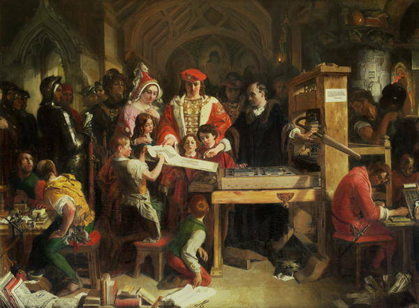 William Caxton com o Rei Edward e a Rainha Elizabeth
