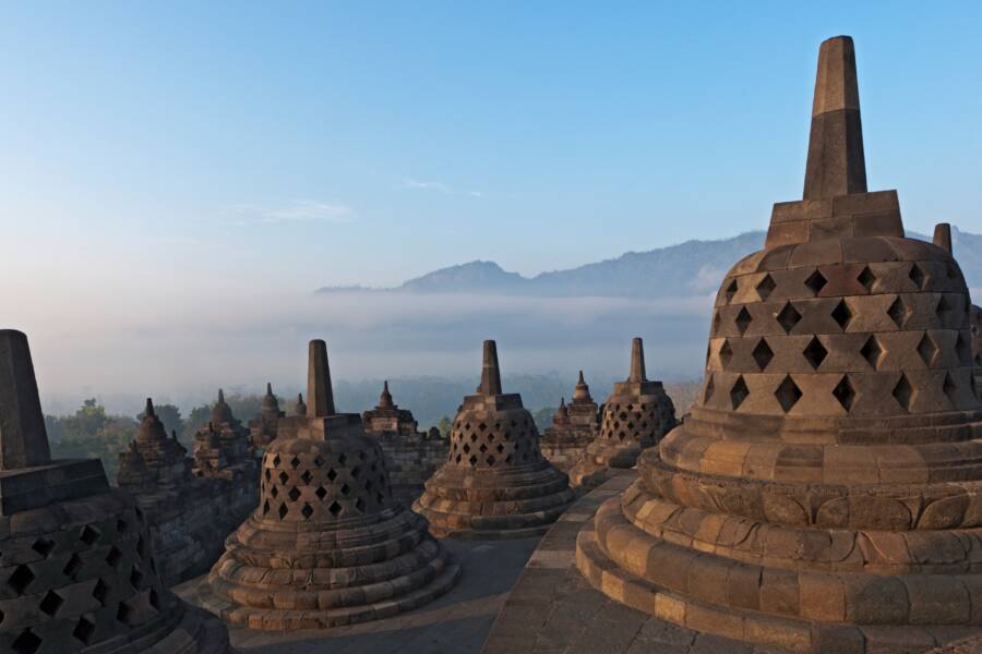 Buddhist Stupas At Buddha Statue At Borobudur Temple