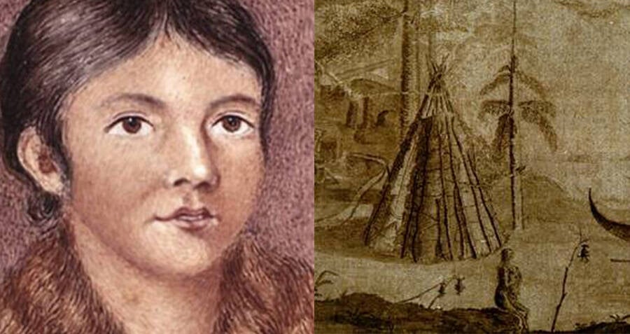  The image shows a portrait of Shanawdithit, the last known Beothuk, and a drawing of a Beothuk village.