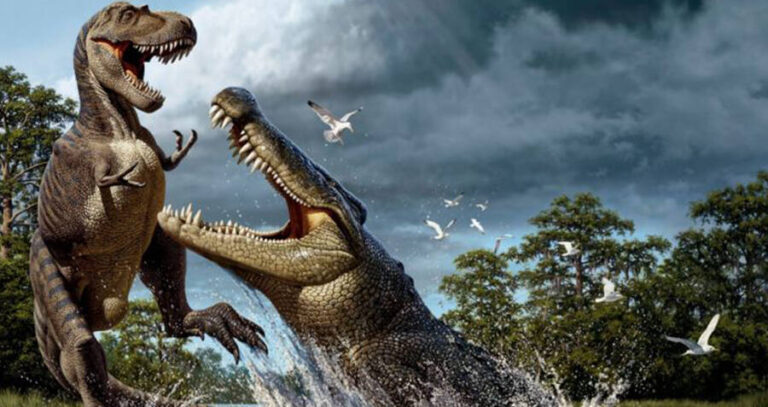 Crocodile Reaching For Dinosaur