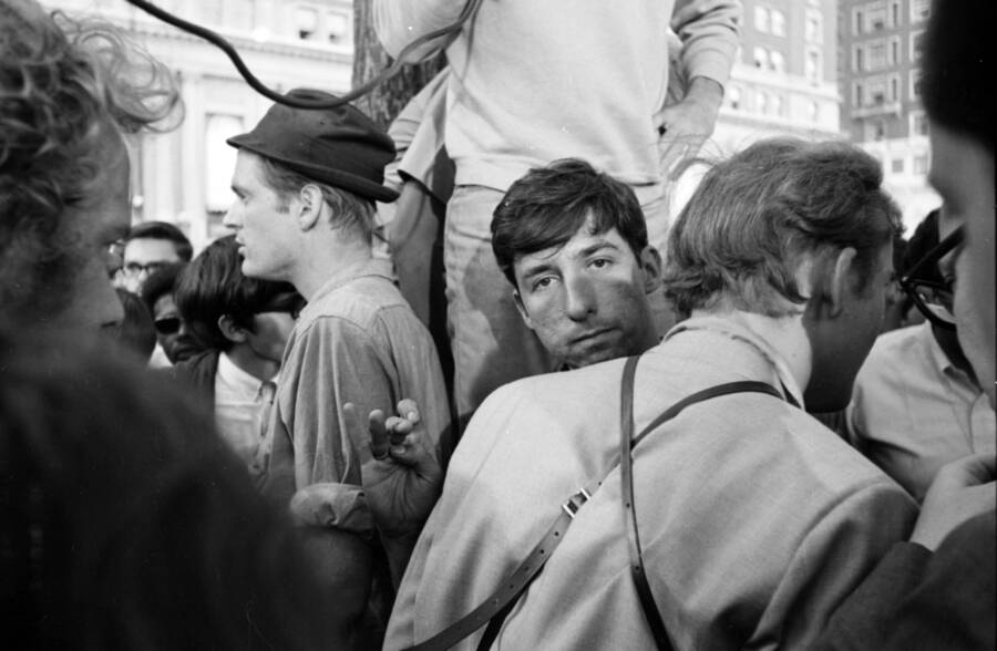 Tom Hayden With Protesters
