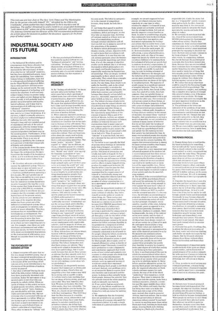 Unabomber Manuscript In The Washington Post
