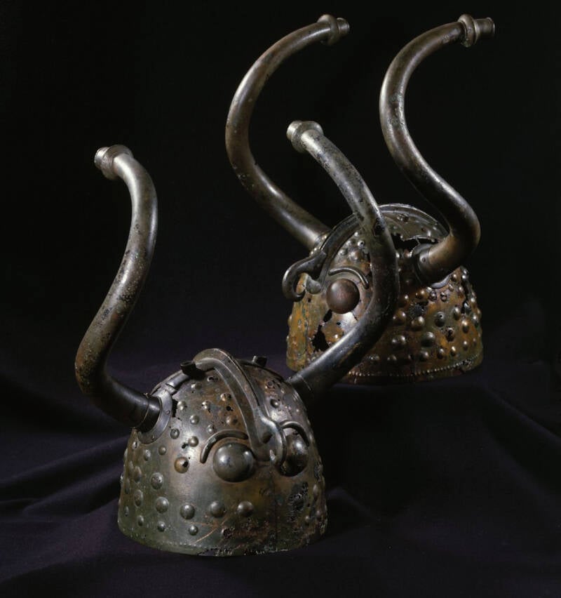 Two Horned Viking Helmets Up Close