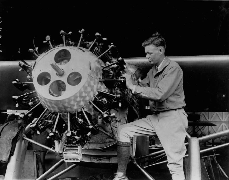 Charles Lindbergh Inspects The Engine