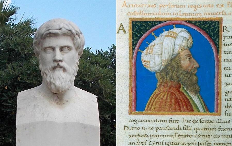 Statue of Plutarch and portrait of Artaxerxes