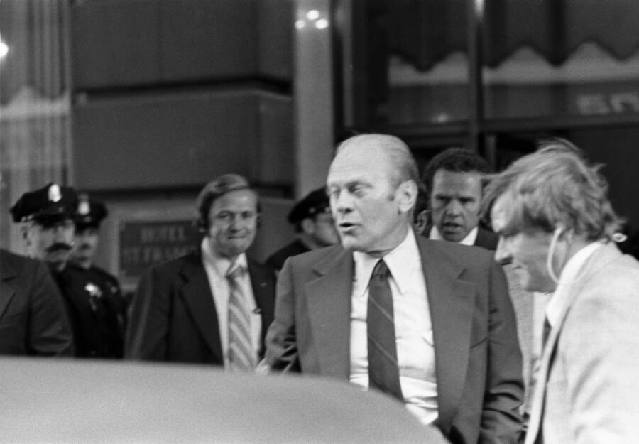 President Ford reacts the moment after Sara Jane Moore shot at him.